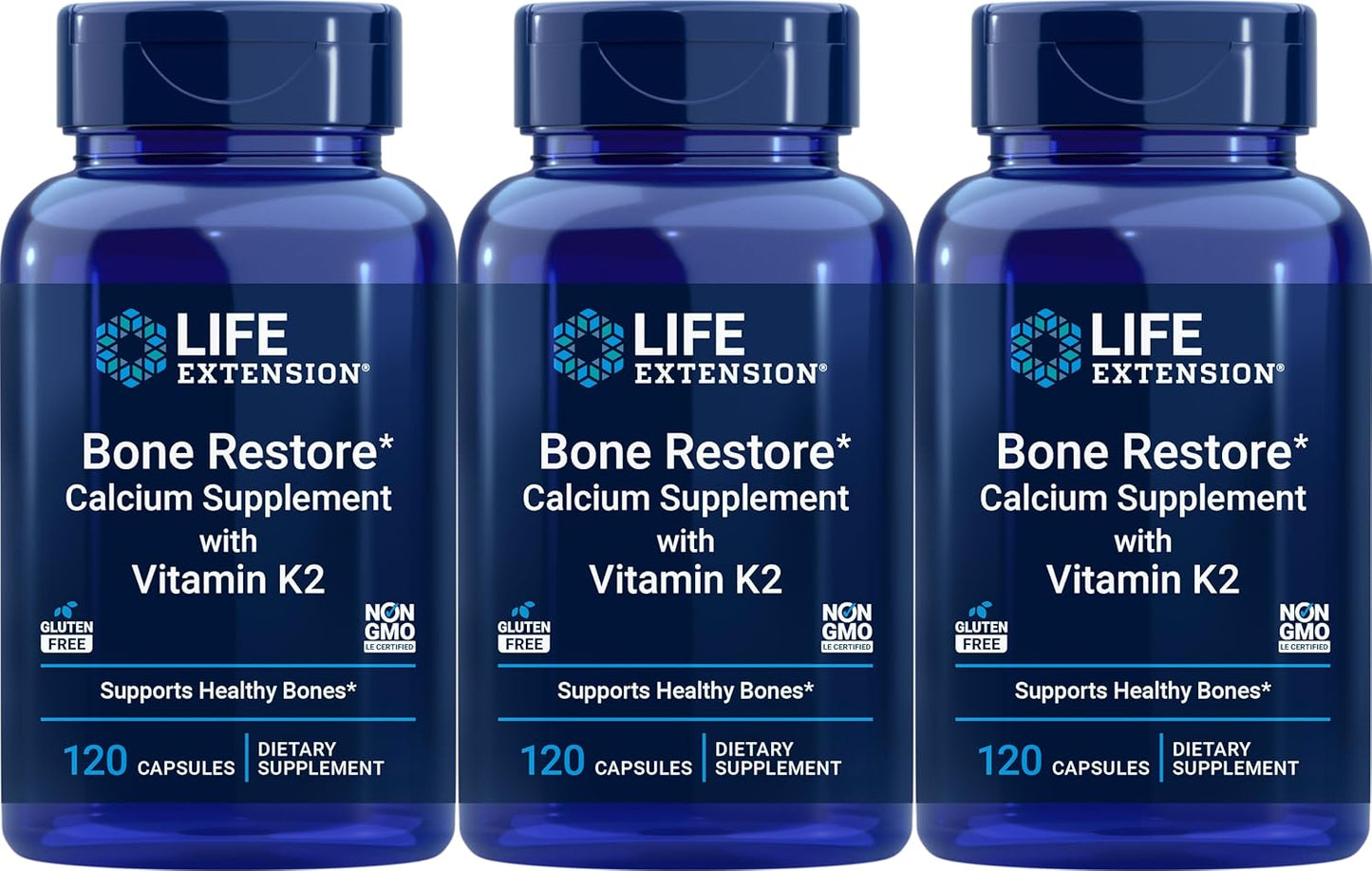 Pack of 3 Life Extension Bone Restore Calcium Supplement with Vitamin K2 - 360 Capsules Total