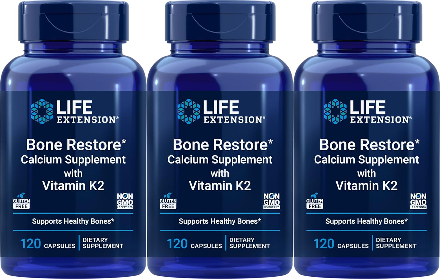 Pack of 3 Life Extension Bone Restore Calcium Supplement with Vitamin K2 - 360 Capsules Total