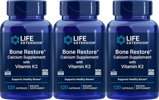 Pack of 3 Life Extension Bone Restore Calcium Supplement with Vitamin K2 - 360 Capsules Total