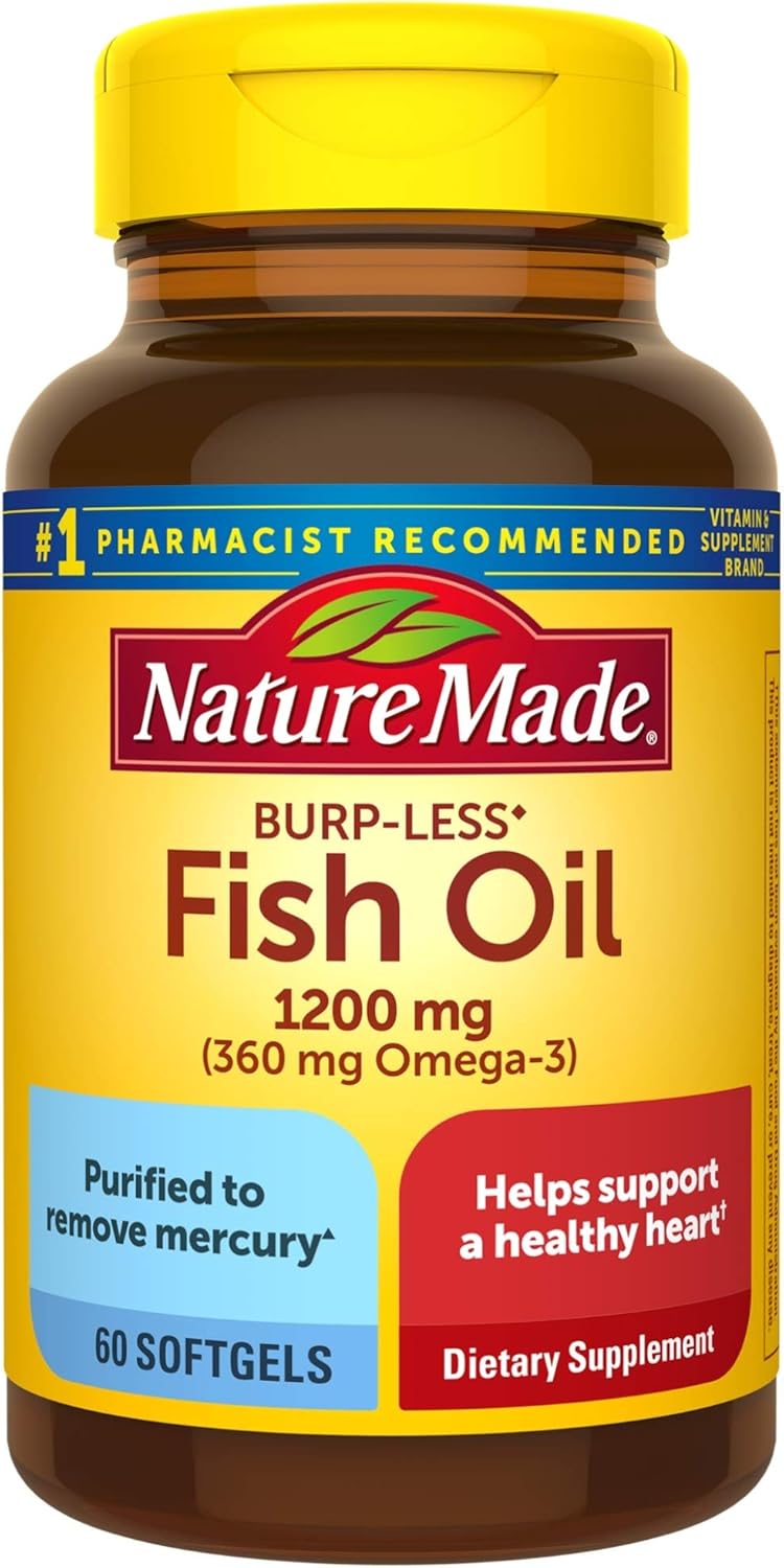 Pack of 3 Nature Made Burp-Less Fish Oil Softgels, 1200 mg Omega 3 Supplement for Heart Health