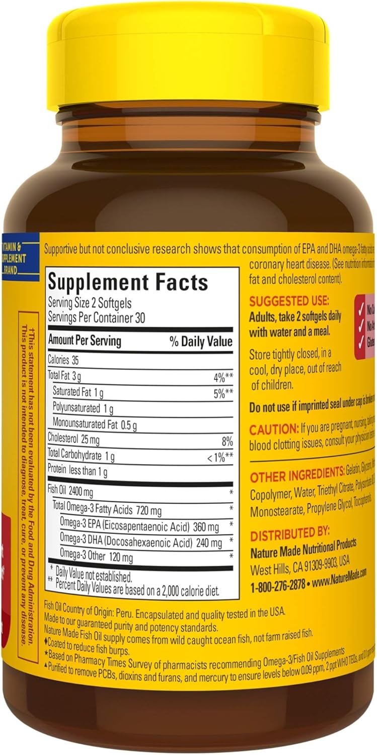 Pack of 3 Nature Made Burp-Less Fish Oil Softgels, 1200 mg Omega 3 Supplement for Heart Health