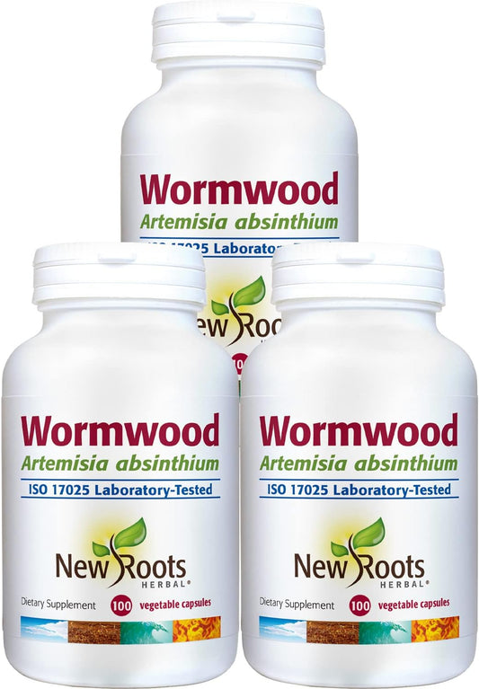 Pack of 3 NEW ROOTS HERBAL Wormwood Veg Caps - Promotes Appetite, Digestion, and Intestinal Balance - Non-GMO & Gluten Free - 300 Capsules
