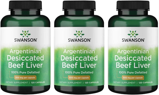 Pack of 3 Swanson Argentinian Desiccated Beef Liver Capsules - 100% Pure Defatted 500 mg (120 Count)
