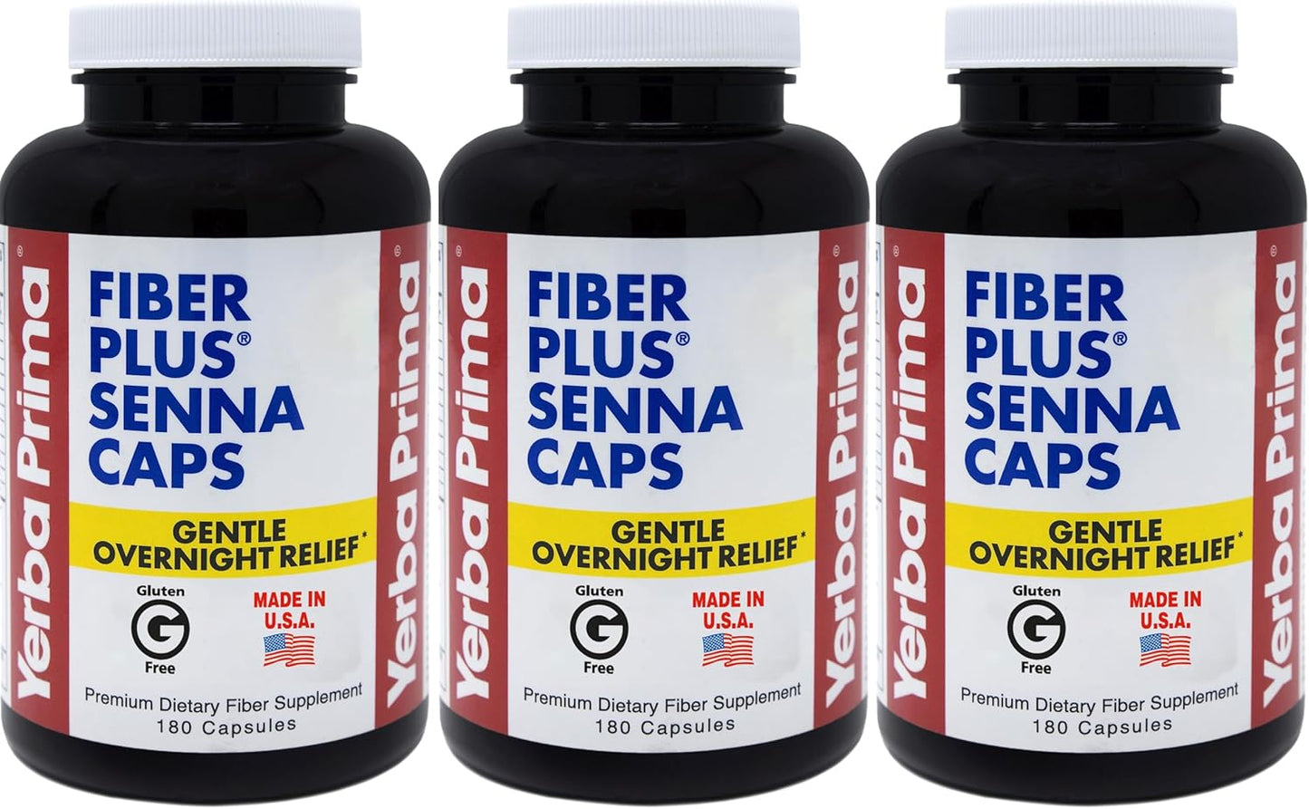 Pack of 3 Yerba Prima Fiber Plus Senna Capsules - 118 Servings for Gentle Overnight Relief - USA Made, Non-GMO - Short-Term Use for Regularity