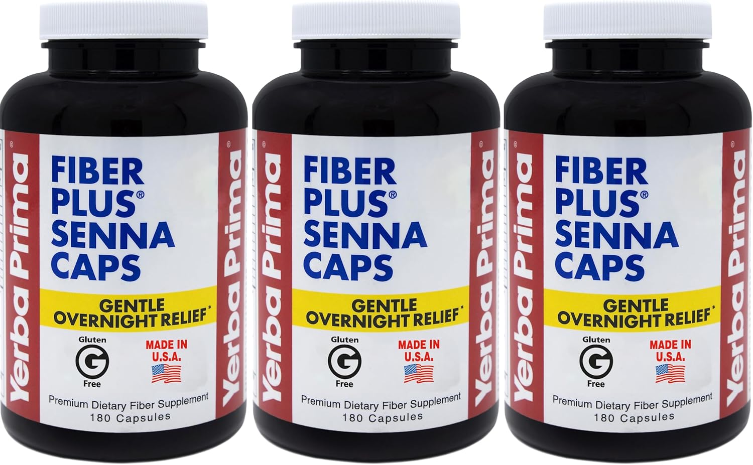 Pack of 3 Yerba Prima Fiber Plus Senna Capsules - 118 Servings for Gentle Overnight Relief - USA Made, Non-GMO - Short-Term Use for Regularity