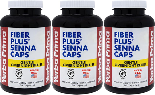 Pack of 3 Yerba Prima Fiber Plus Senna Capsules - 118 Servings for Gentle Overnight Relief - USA Made, Non-GMO - Short-Term Use for Regularity