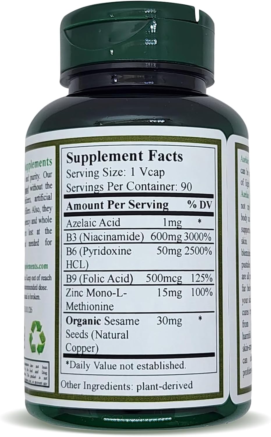 Pack of 4 Green Organic Acne Supplements with Azelaic Acid, 90 VCaps, High Absorption, Non-GMO, Gluten-Free