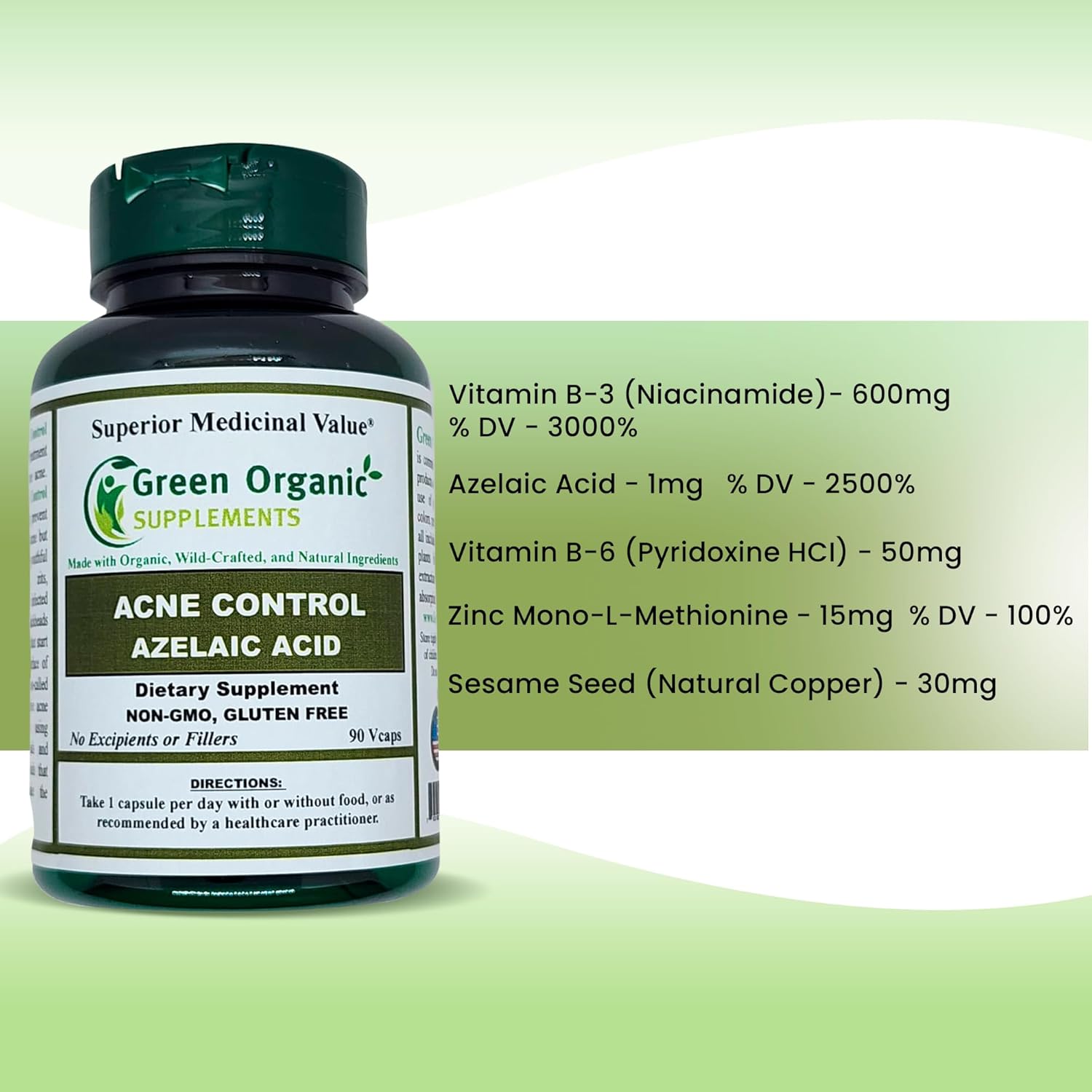 Pack of 4 Green Organic Acne Supplements with Azelaic Acid, 90 VCaps, High Absorption, Non-GMO, Gluten-Free
