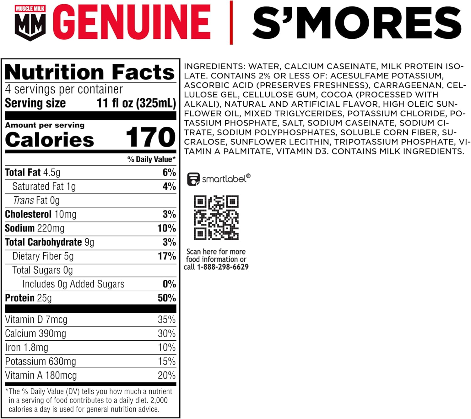 Pack of 4 Muscle Milk Genuine S'mores Protein Shakes - 25g Protein, 11 Fl Oz
