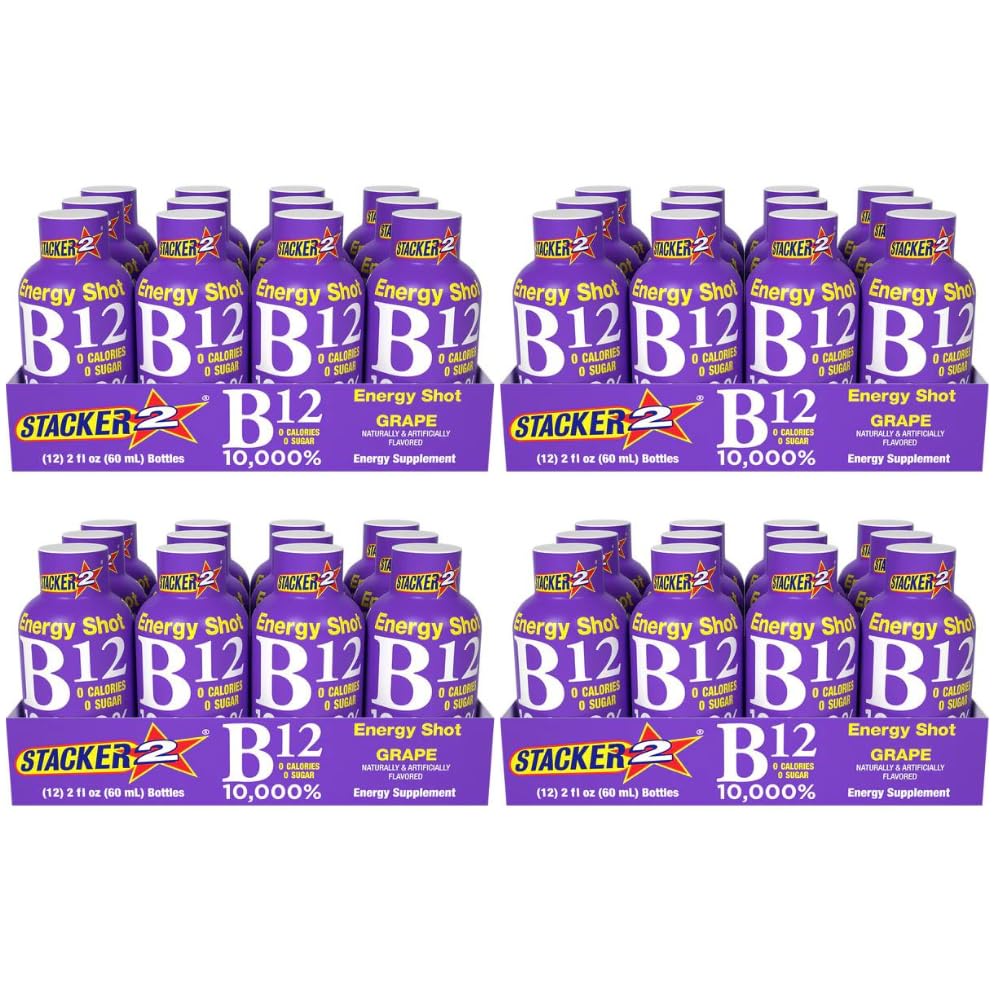 Pack of 48 Stacker 2 Grape B12 Energy Shots - 2oz Shots for Quick Energy Boosts