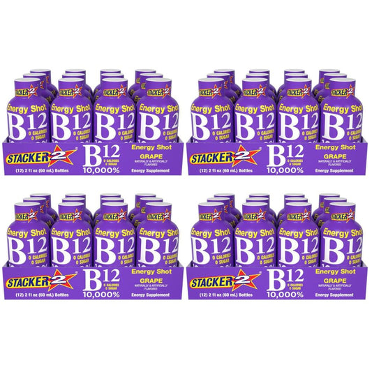 Pack of 48 Stacker 2 Grape B12 Energy Shots - 2oz Shots for Quick Energy Boosts