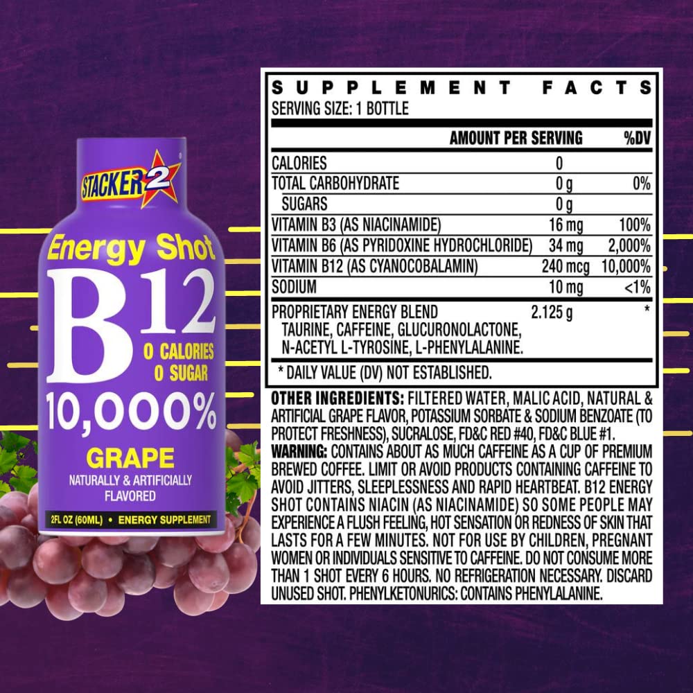 Pack of 48 Stacker 2 Grape B12 Energy Shots - 2oz Shots for Quick Energy Boosts