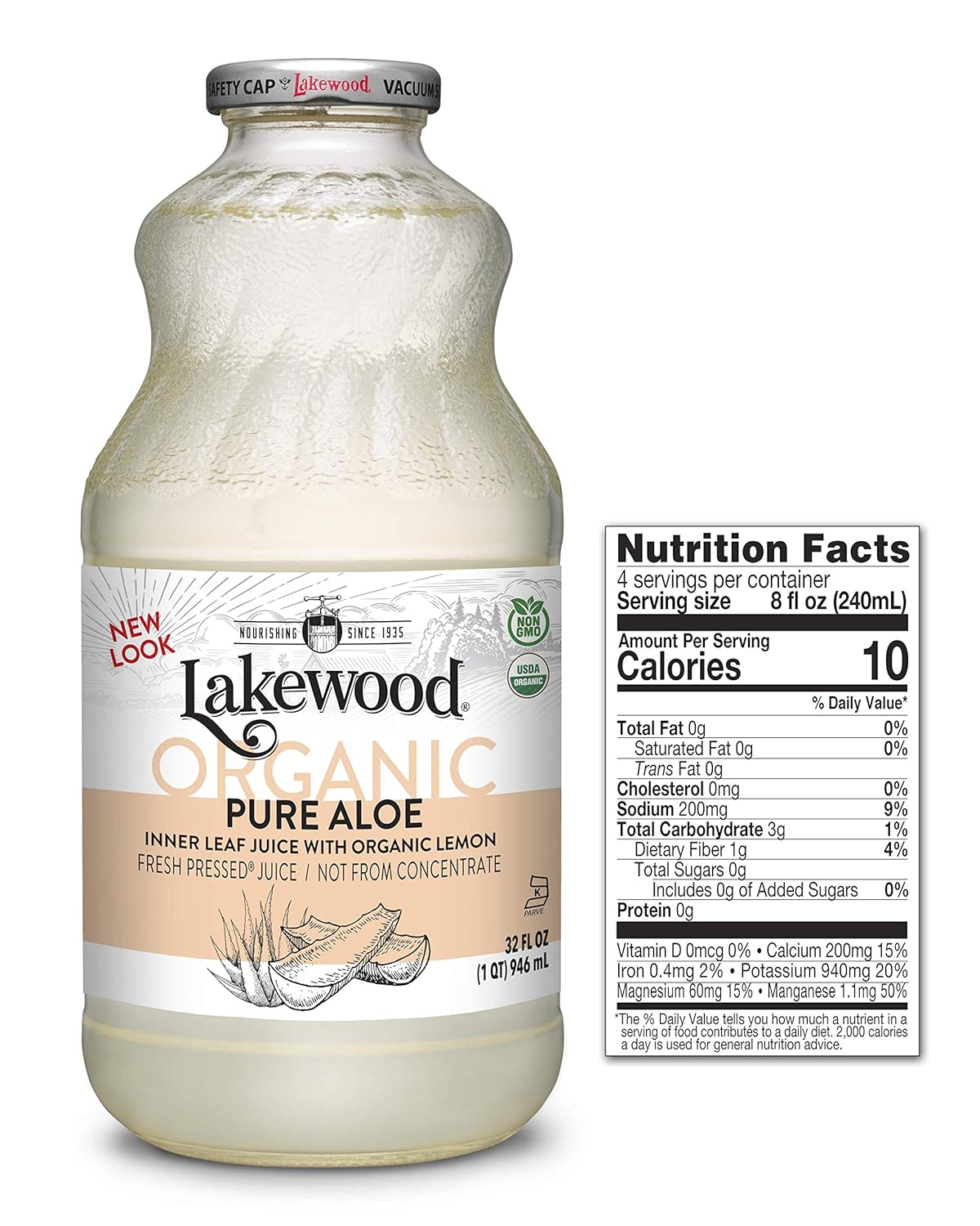 Pack of 6 Lakewood Organic Pure Aloe Inner Leaf Juice, Fresh Pressed, 32 Fl Oz Bottles