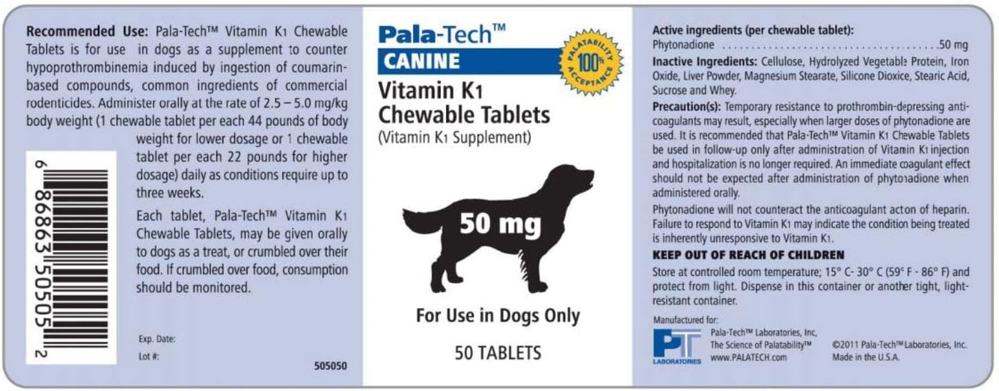 Pala-Tech Vitamin K1 Chewable Tablets 50mg for Dogs - 50 Count