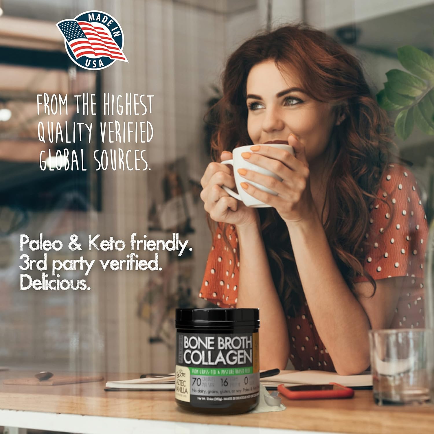 Paleo Pro Bone Broth Collagen with Turmeric Root - Grass-Fed & Pastured Beef Collagen (Aztec Vanilla Flavor) - Gluten, Dairy, and Sugar-Free - Paleo & Keto Friendly - 20 Servings