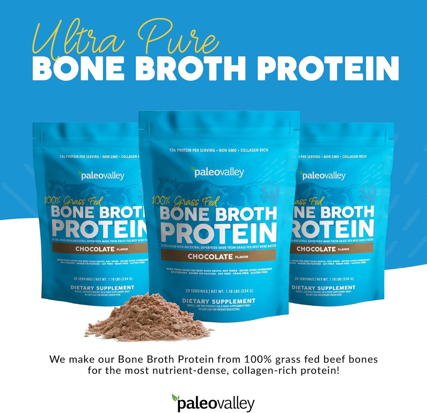 Paleovalley Grass-Fed Bone Broth Protein Powder in Chocolate Flavor - Supports Hair, Skin, Gut Health, and Joint Function - 28 Servings