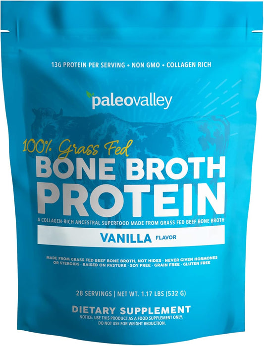 Paleovalley Vanilla Grass-Fed Bone Broth Protein Powder - High in Collagen for Hair, Skin, Gut, Bone, and Joint Health - 28 Servings