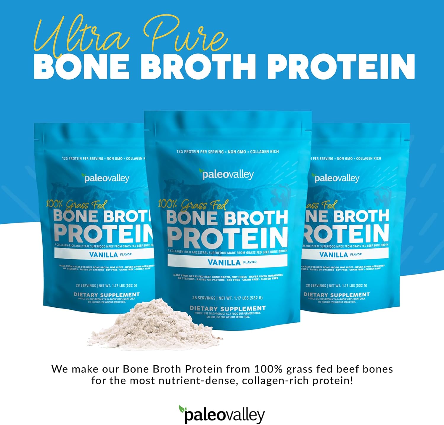 Paleovalley Vanilla Grass-Fed Bone Broth Protein Powder - High in Collagen for Hair, Skin, Gut, Bone, and Joint Health - 28 Servings
