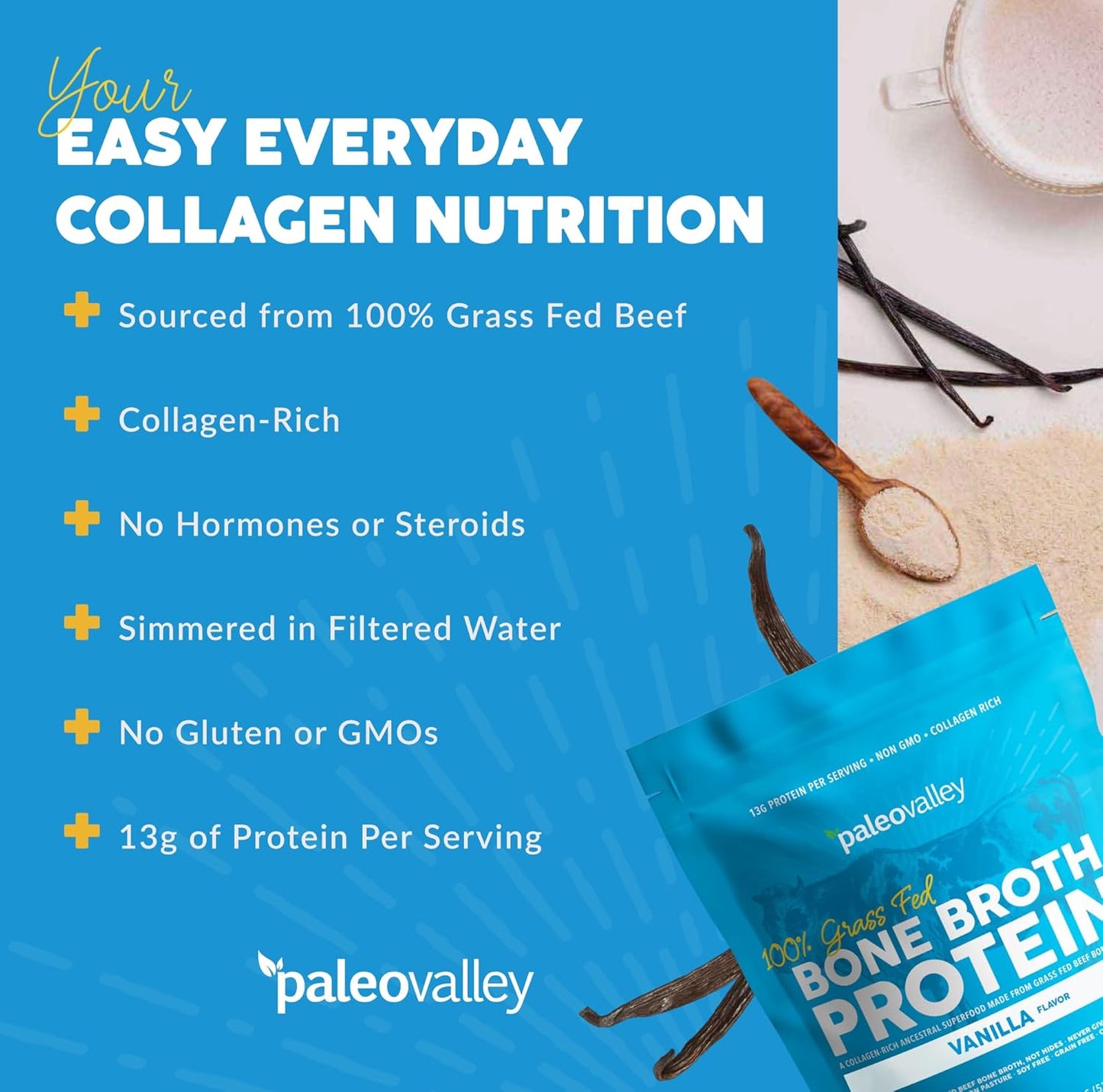 Paleovalley Vanilla Grass-Fed Bone Broth Protein Powder - High in Collagen for Hair, Skin, Gut, Bone, and Joint Health - 28 Servings