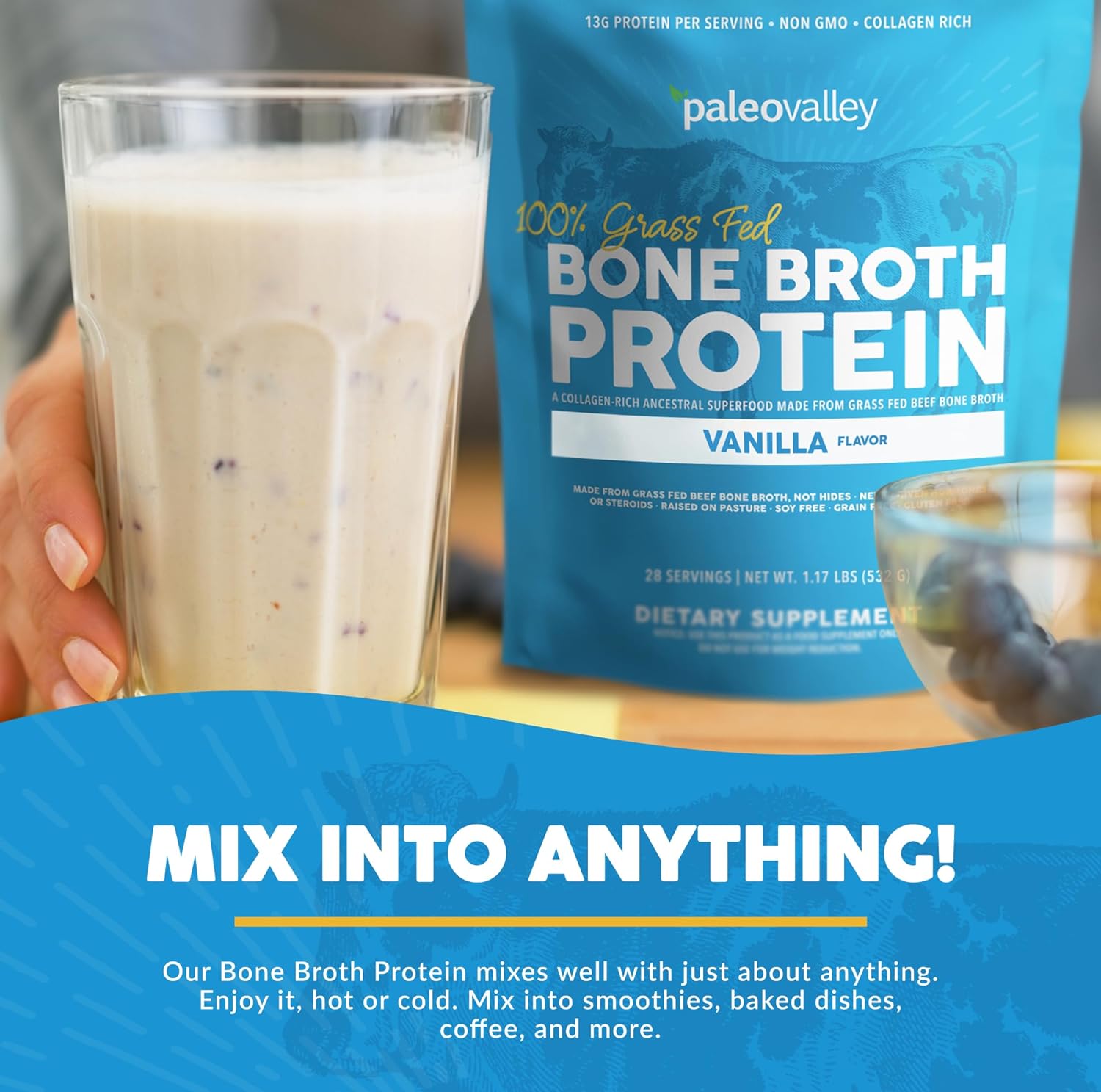 Paleovalley Vanilla Grass-Fed Bone Broth Protein Powder - High in Collagen for Hair, Skin, Gut, Bone, and Joint Health - 28 Servings
