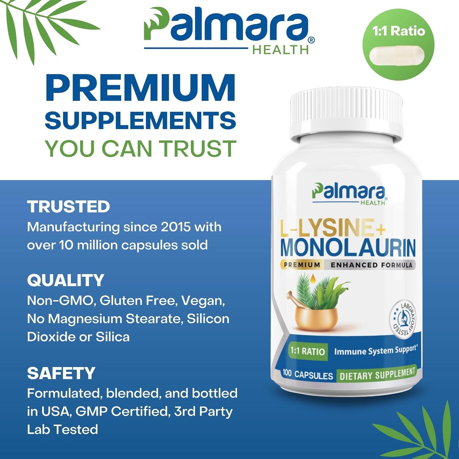 Palmara Health L-Lysine and Monolaurin Supplement 600mg Balanced Blend (2 Bottles)