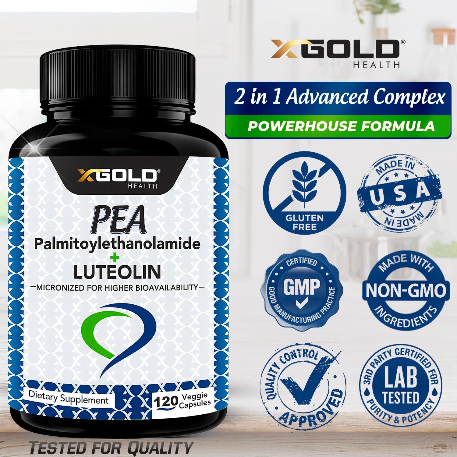 Palmitoylethanolamide + Luteolin Supplement 630mg - 98% Standardized - 99% Micronized Pea - USA Made - 120 Capsules