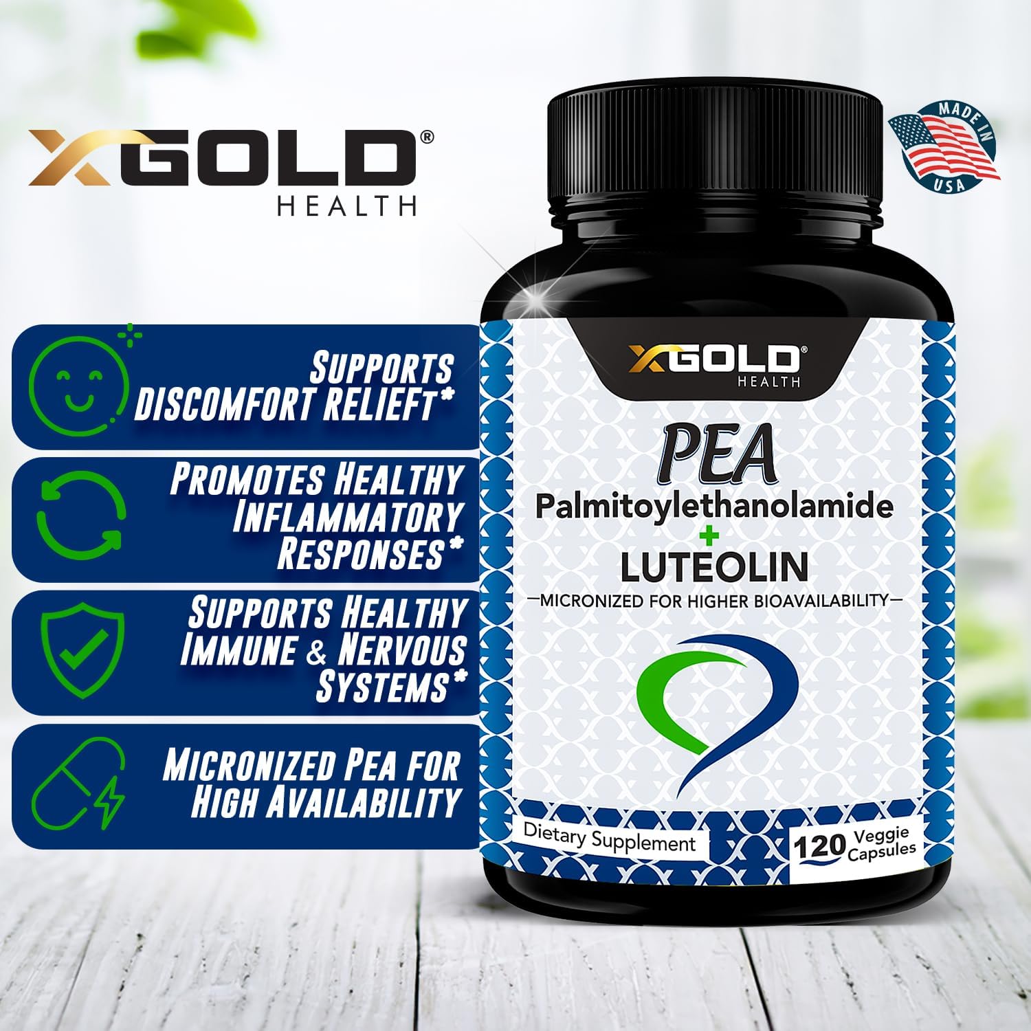 Palmitoylethanolamide + Luteolin Supplement 630mg - 98% Standardized - 99% Micronized Pea - USA Made - 120 Capsules