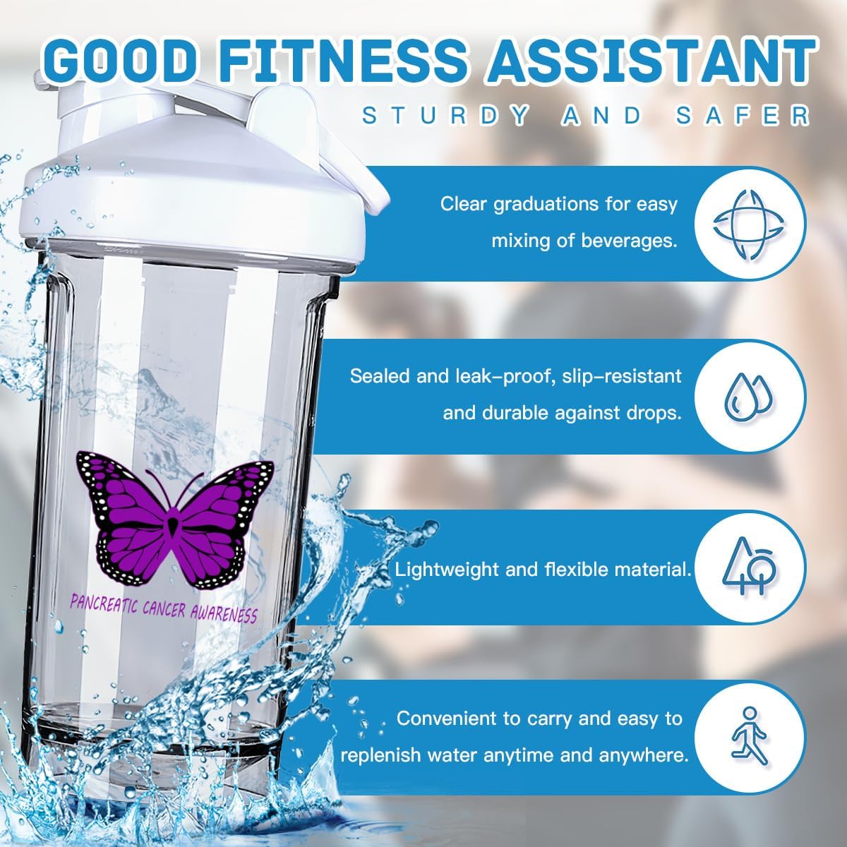 Pancreatic Cancer Awareness 18oz Shaker Bottle for Pre Workout Protein Shakes - Leak-proof Meal Replacement Bottle in White - 500ml/18oz