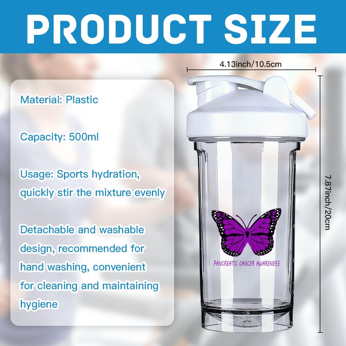 Pancreatic Cancer Awareness 18oz Shaker Bottle for Pre Workout Protein Shakes - Leak-proof Meal Replacement Bottle in White - 500ml/18oz