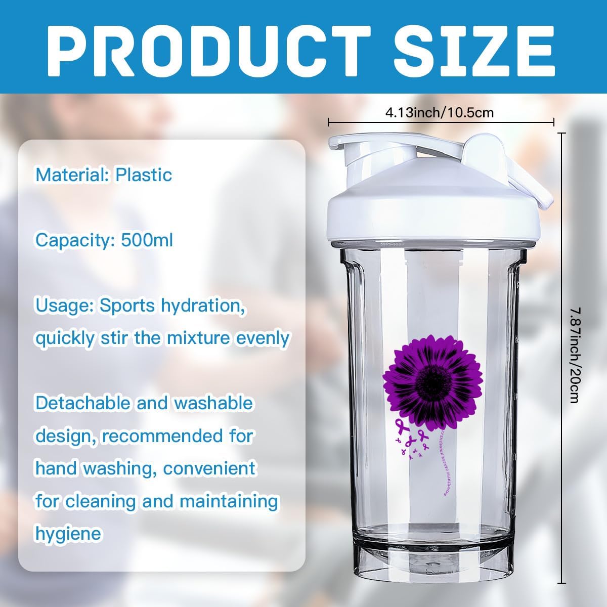 Pancreatic Cancer Awareness Shaker Bottle - 18oz Leak-proof Mixer for Protein Shakes & Meal Replacements