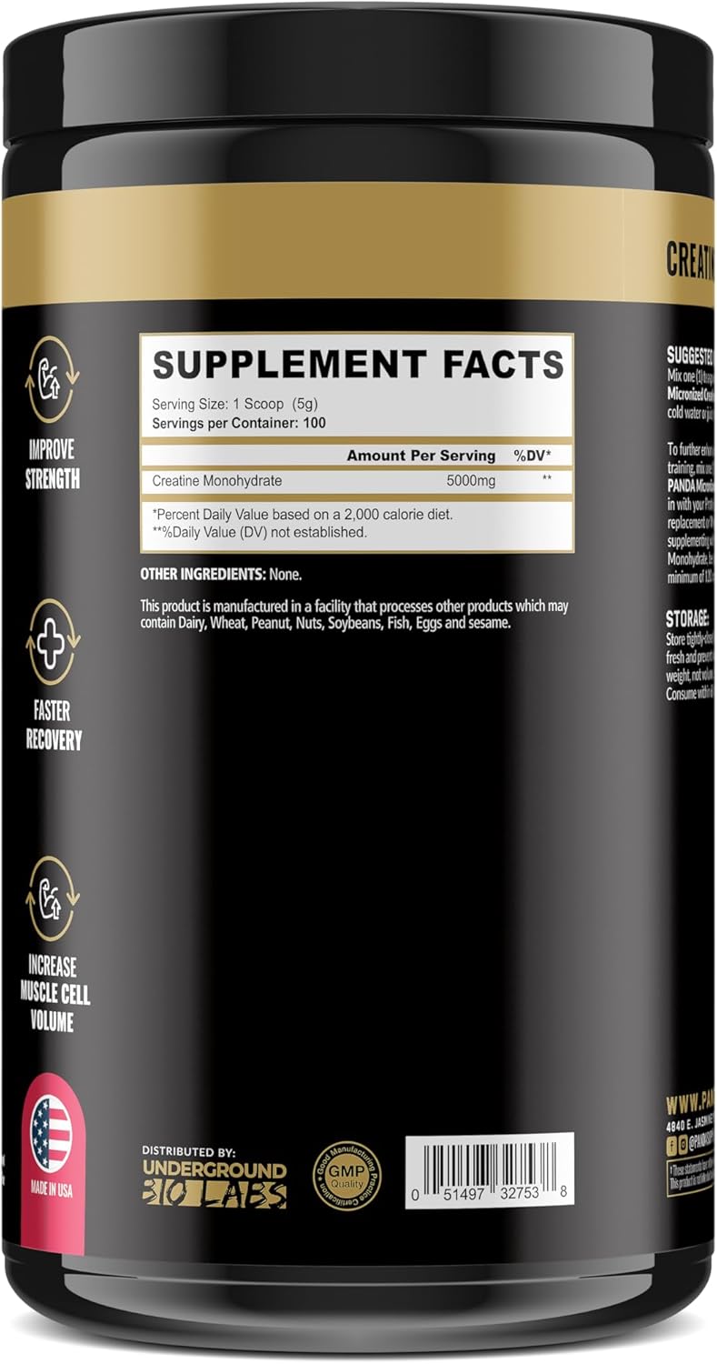 Panda Supps Micronized Creatine 5000mg for Pre & Post Workout Recovery - 100 Servings, Unflavored - Boost Muscle Mass & Athletic Performance