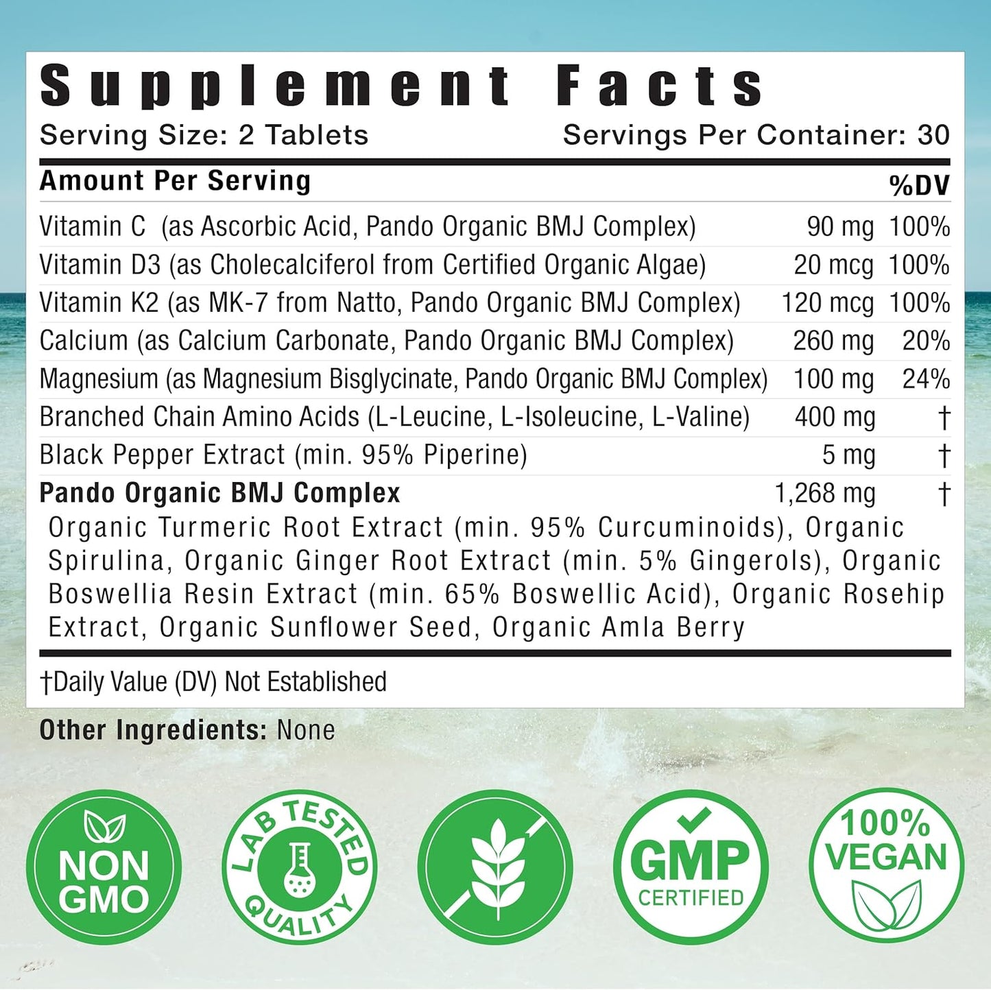 PANDO Ultimate Mobility Supplement for Bone, Muscle, and Joint Support with Turmeric, Magnesium, Vitamins C, D3, K2, Calcium, BCAAs, Organic Spirulina, Ginger, and Boswellia - 60 Vegan Tablets