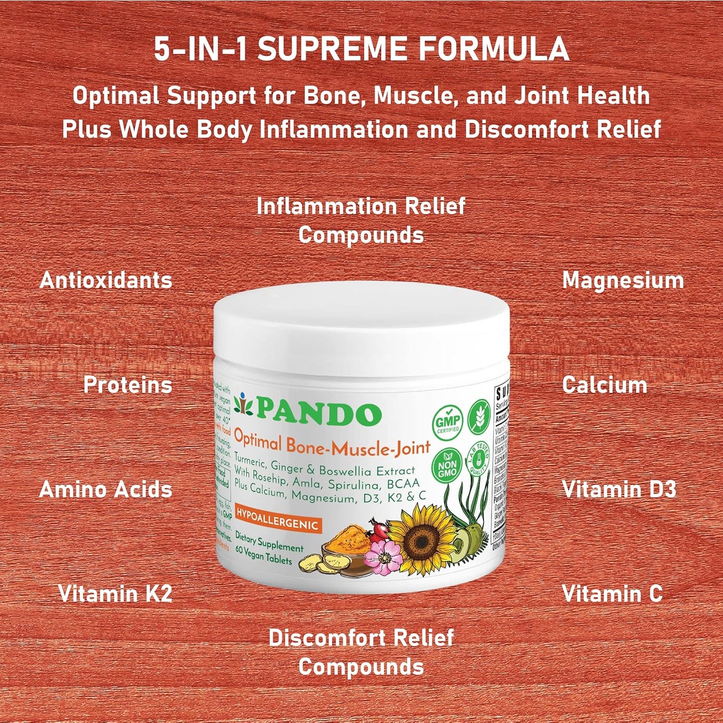 PANDO Ultimate Mobility Supplement for Bone, Muscle, and Joint Support with Turmeric, Magnesium, Vitamins C, D3, K2, Calcium, BCAAs, Organic Spirulina, Ginger, and Boswellia - 60 Vegan Tablets