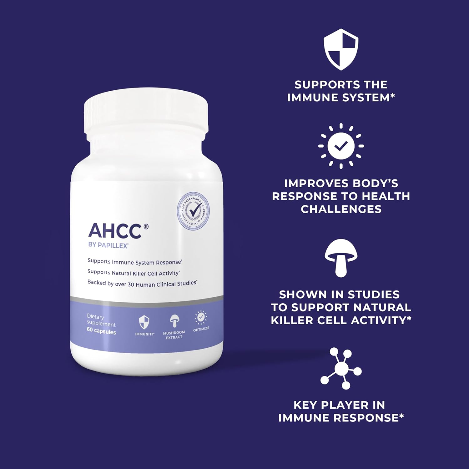 Papillex AHCC Supplement - Natural Immune Support - Maximum Strength Formula - Boosts Natural Killer Cell Activity - 120 Veggie Capsules (6 Pack)