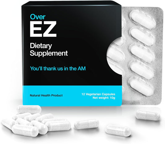 Party Recovery & Prevention Pills: OVER EZ Pre-Drink Supplement with Milk Thistle, Amino Acids, Vitamin Bs (12 Capsules) for Better Mornings