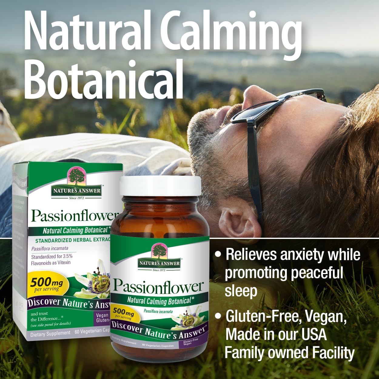Passion Flower Dietary Supplement for Natural Calm | Non-GMO, Alcohol-Free, Gluten-Free | Vegetarian & Vegan | 60 Capsules