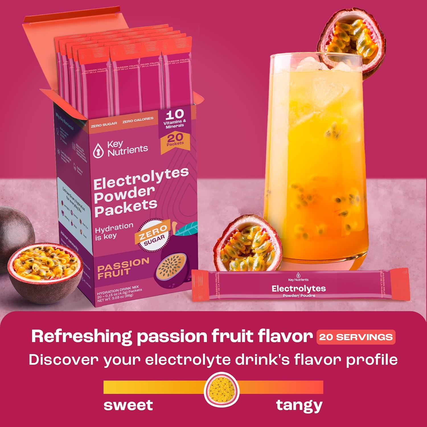 Passion Fruit Electrolyte Powder Packets - 20 Pack Travel Hydration - Sugar-Free & Gluten-Free Multivitamin Electrolytes - Made in USA