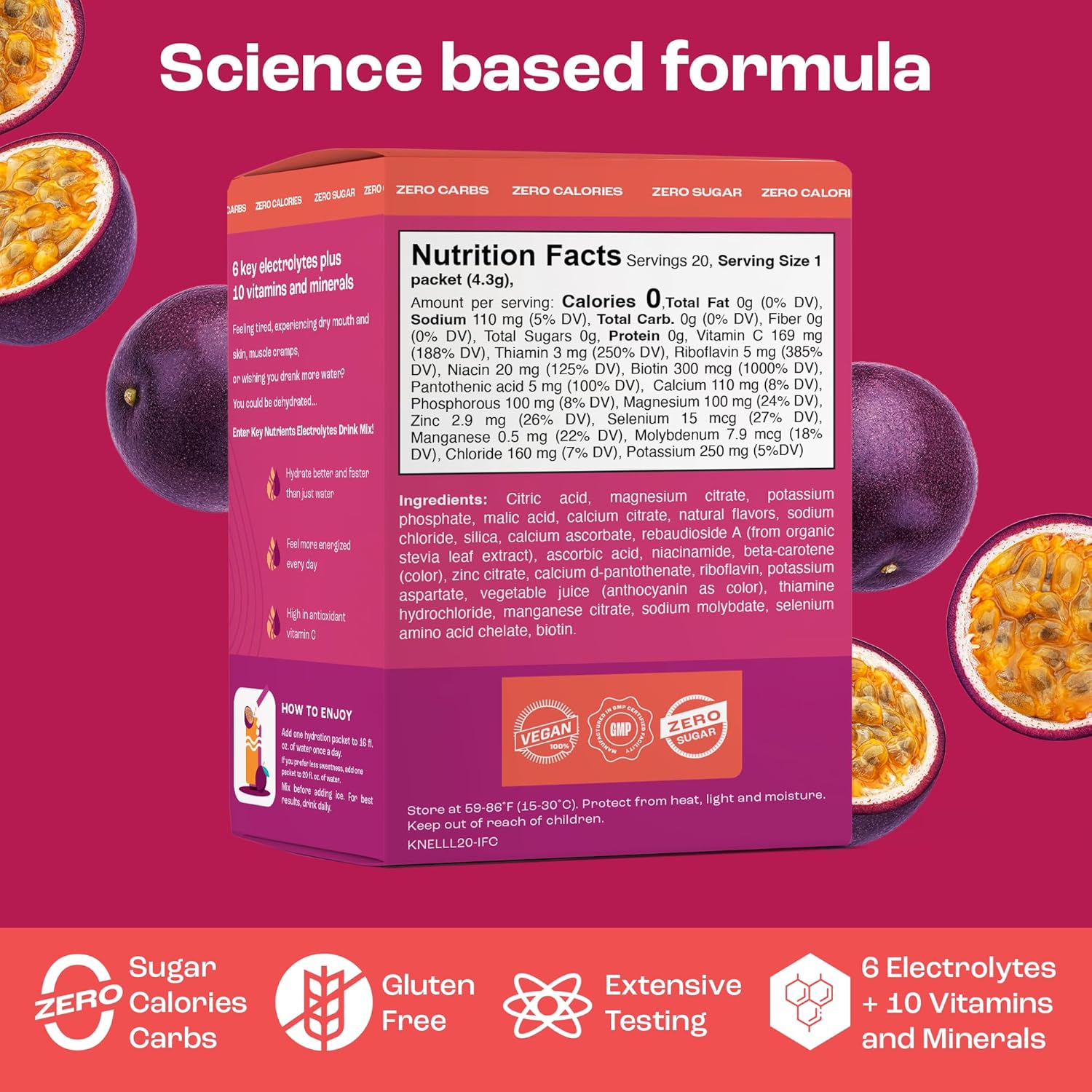 Passion Fruit Electrolyte Powder Packets - 20 Pack Travel Hydration - Sugar-Free & Gluten-Free Multivitamin Electrolytes - Made in USA