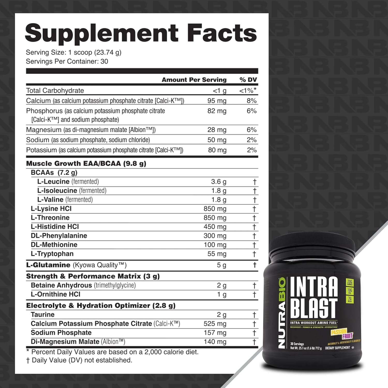 Passion Fruit NutraBio Intra Blast BCAA EAA Electrolyte Powder - Non-GMO Amino Acid Supplement for Hydration - 30 Servings