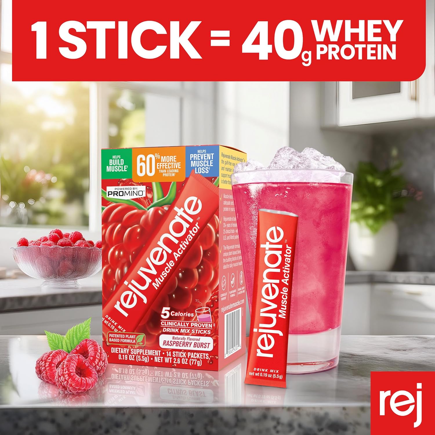 Patented EAA Muscle Building Drink Sticks - 40g Whey Protein Isolate, 11x Better Than Whey, Raspberry Burst, 14 Count