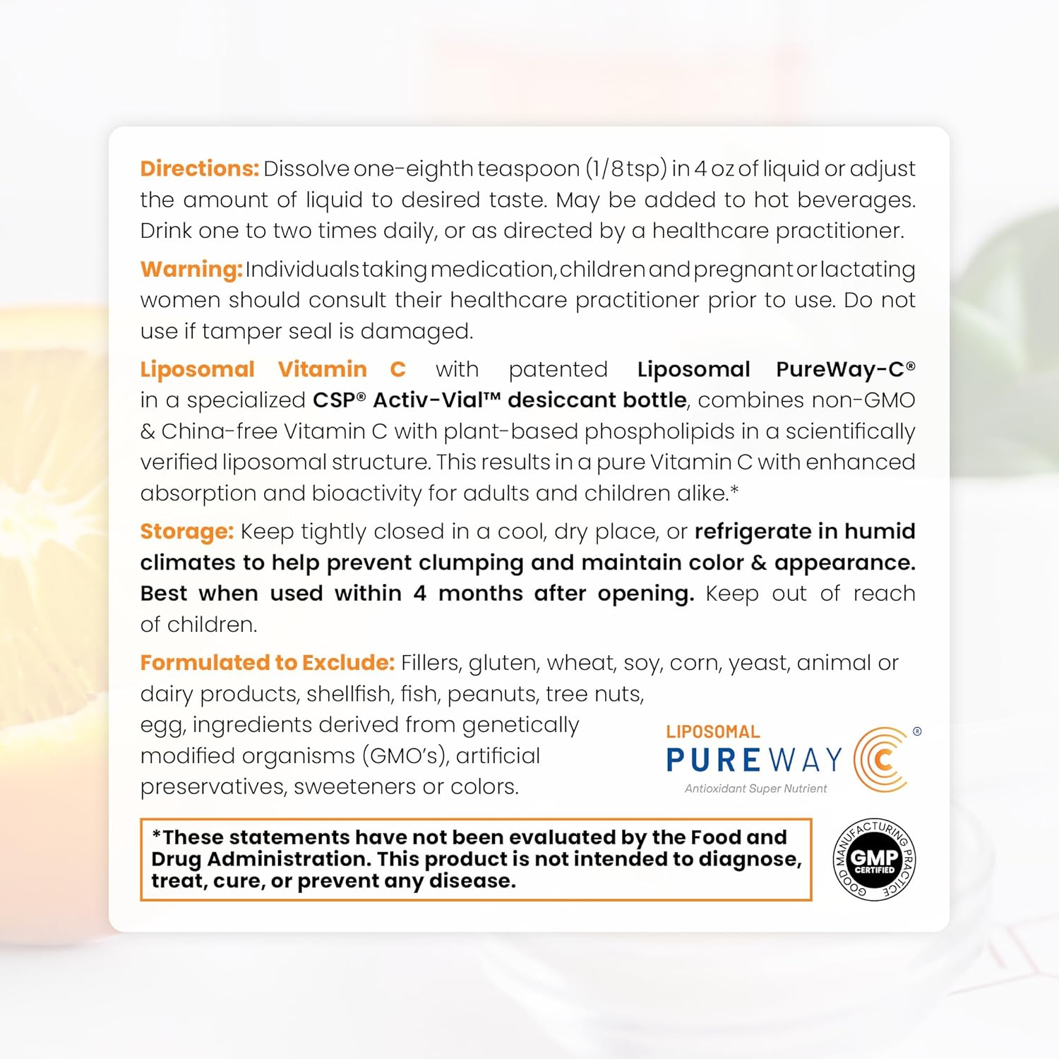 Patented PureWay Liposomal Vitamin C Powder for Immune Support & Healthy Aging - Non-GMO, Made in USA - 66g, 120 Servings