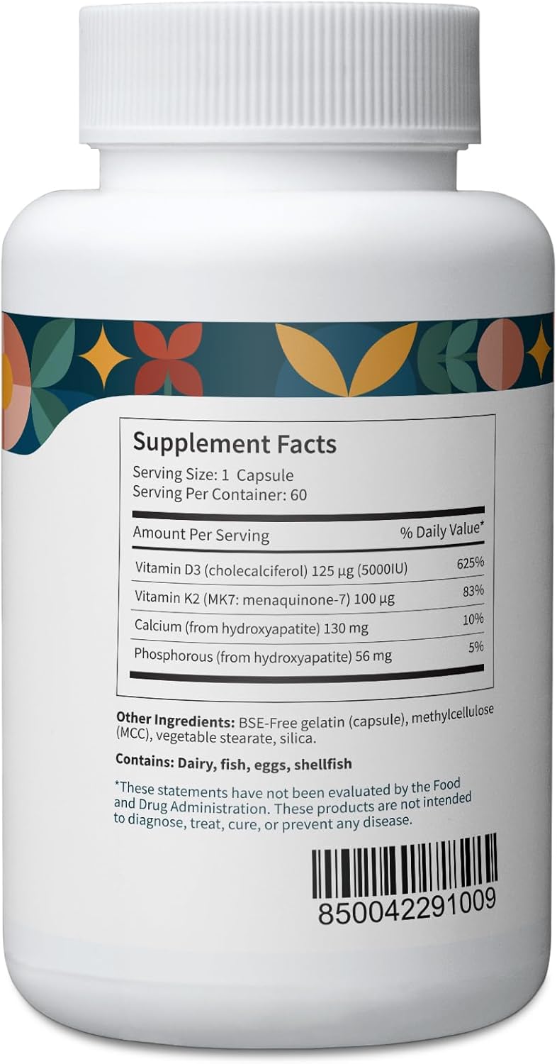 Pattern Wellness Vitamin K2 D3 Calcium Supplement - Synergistic Complex for Whole Body Health - Supports Bone & Cardiovascular Health - 60 Tablets