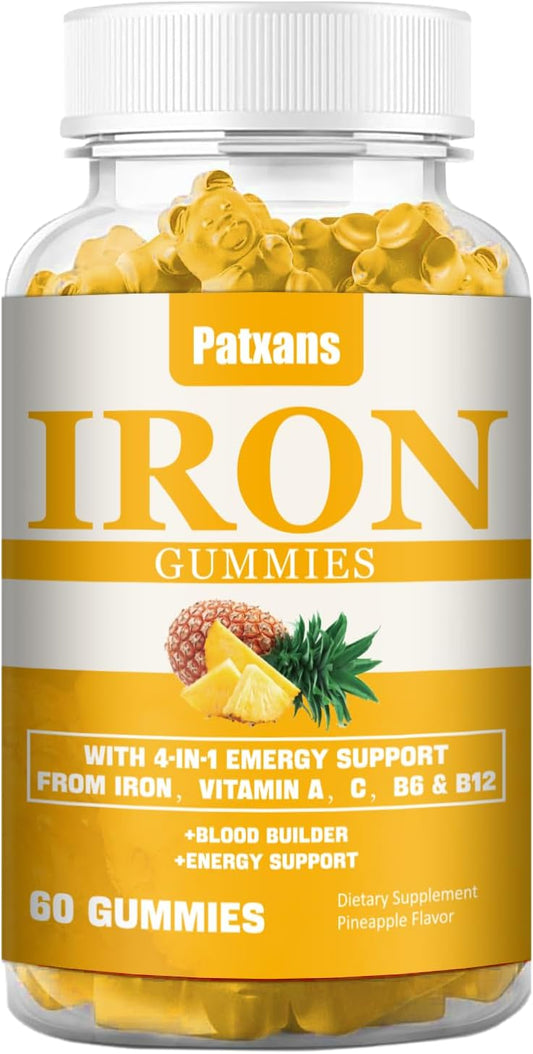 Patxans Iron Gummies 100MG - Vitamin-Infused Blood Builder & Energy Support for Men, Women, Adults & Children - Vegan Pineapple Flavor - 60ct Pack