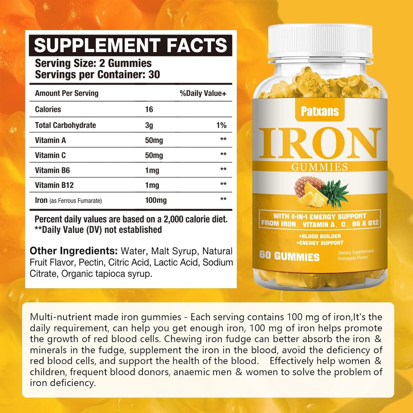 Patxans Iron Gummies 100MG - Vitamin-Infused Blood Builder & Energy Support for Men, Women, Adults & Children - Vegan Pineapple Flavor - 60ct Pack