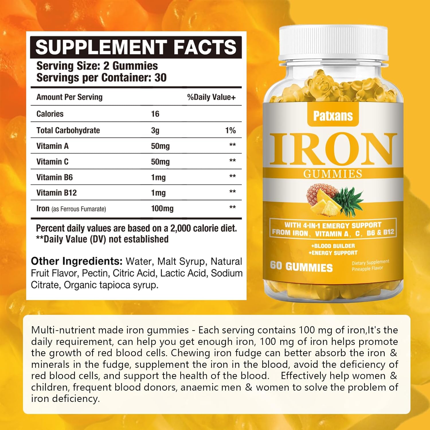 Patxans Iron Gummies 100MG - Vitamin-Infused Blood Builder & Energy Support for Men, Women, Adults & Children - Vegan Pineapple Flavor - 60ct Pack
