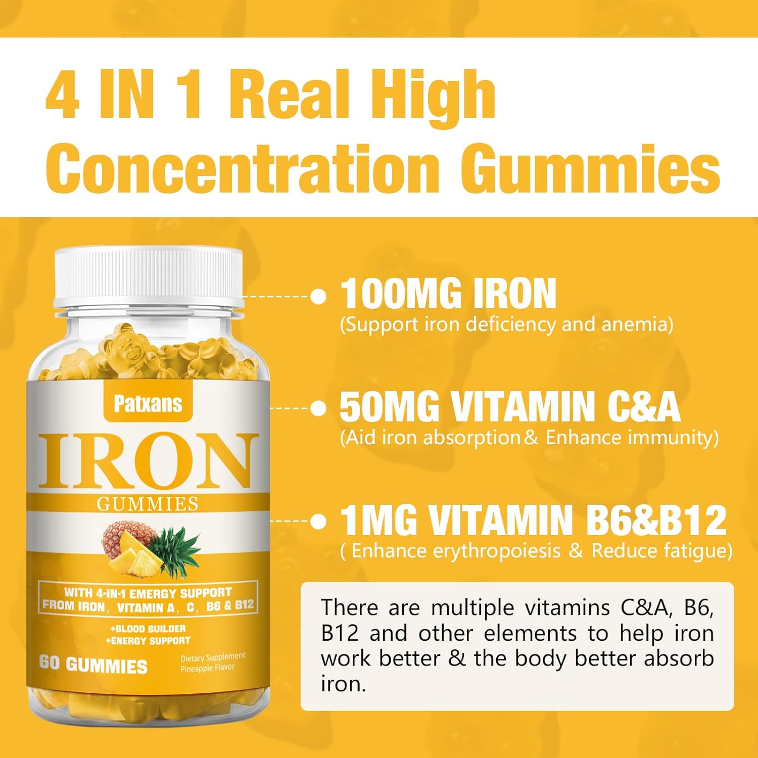 Patxans Iron Gummies 100MG - Vitamin-Infused Blood Builder & Energy Support for Men, Women, Adults & Children - Vegan Pineapple Flavor - 60ct Pack