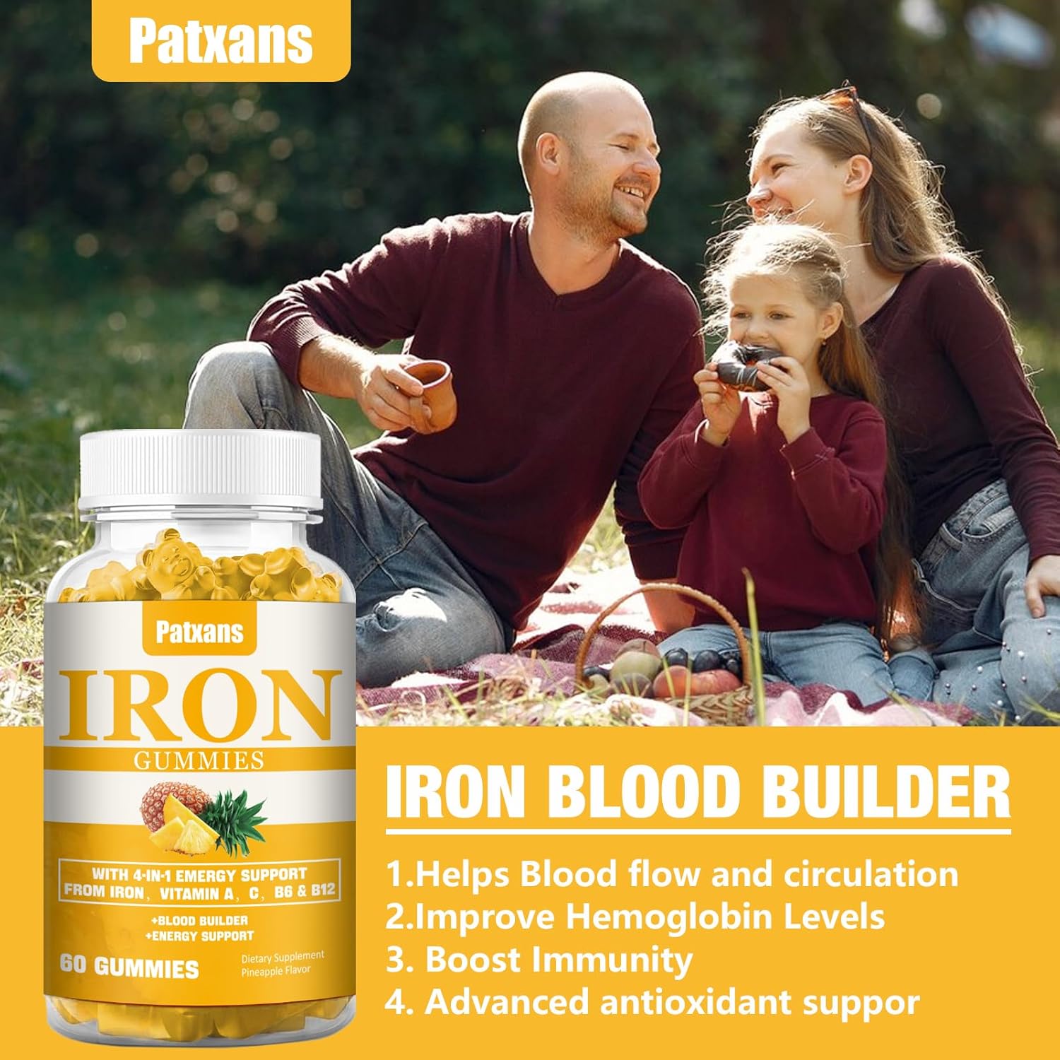 Patxans Iron Gummies 100MG - Vitamin-Infused Blood Builder & Energy Support for Men, Women, Adults & Children - Vegan Pineapple Flavor - 60ct Pack
