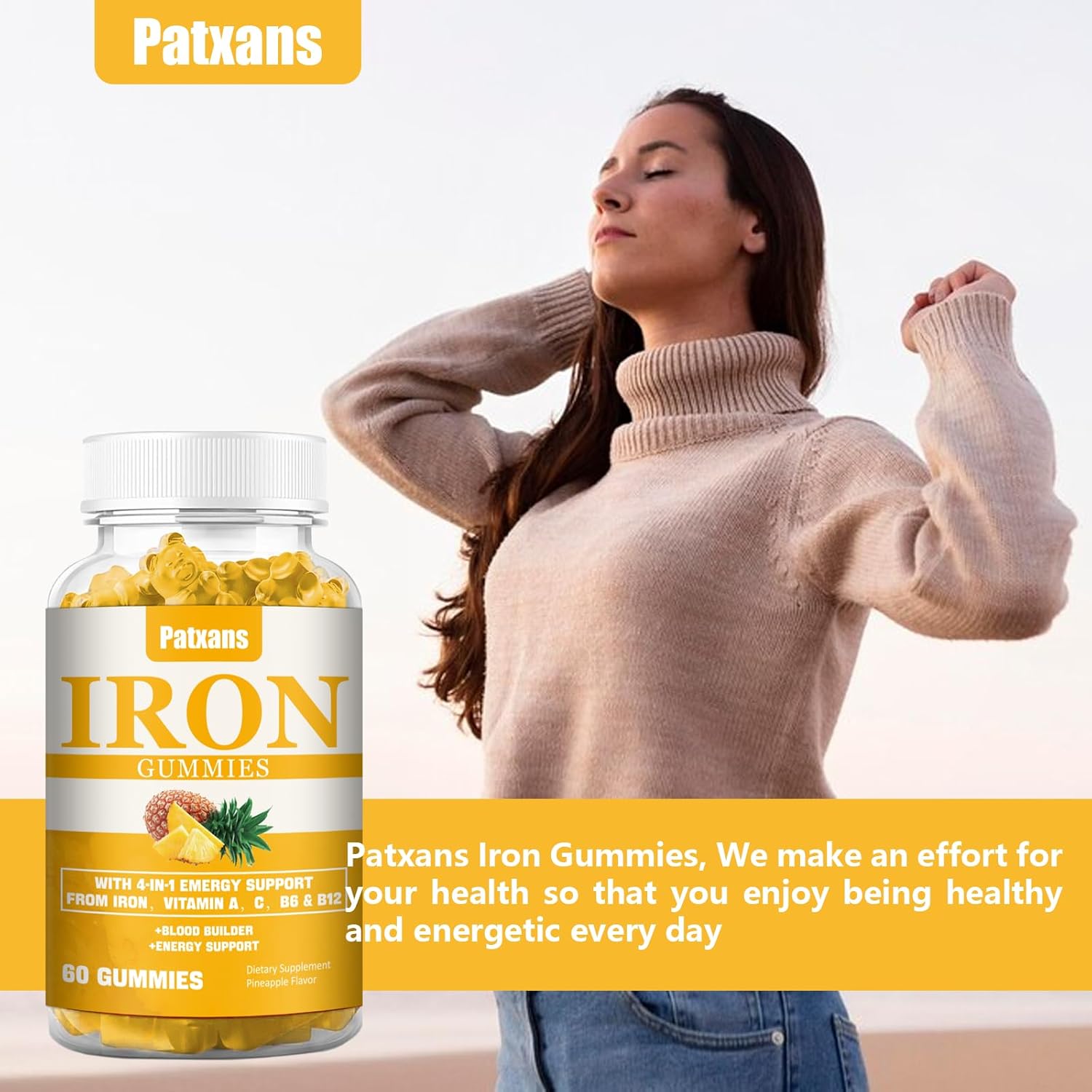 Patxans Iron Gummies 100MG - Vitamin-Infused Blood Builder & Energy Support for Men, Women, Adults & Children - Vegan Pineapple Flavor - 60ct Pack