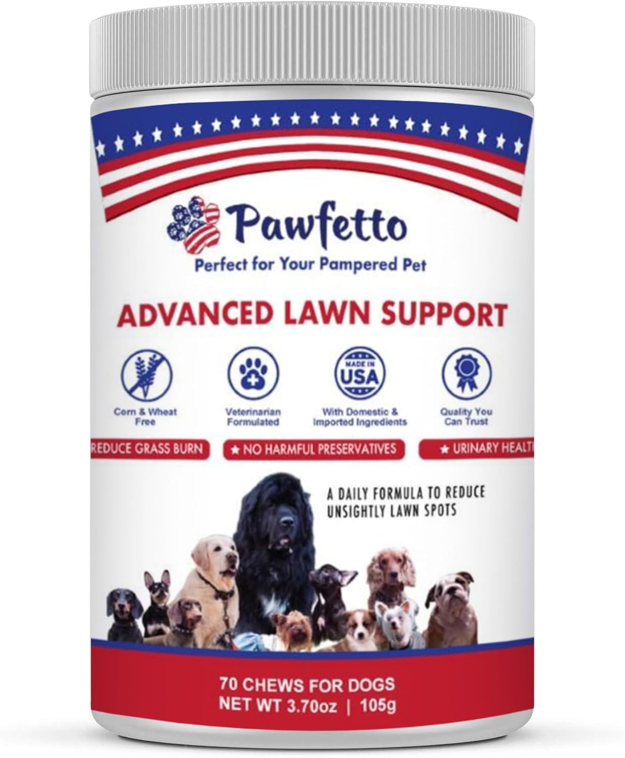 Pawfetto Advanced Lawn Support Supplement for Dogs - 70 Chicken Liver Flavored Chews with Cranberry, Amino Acids, and Brewer’s Yeast, Easily Digestible for Pampered Pets