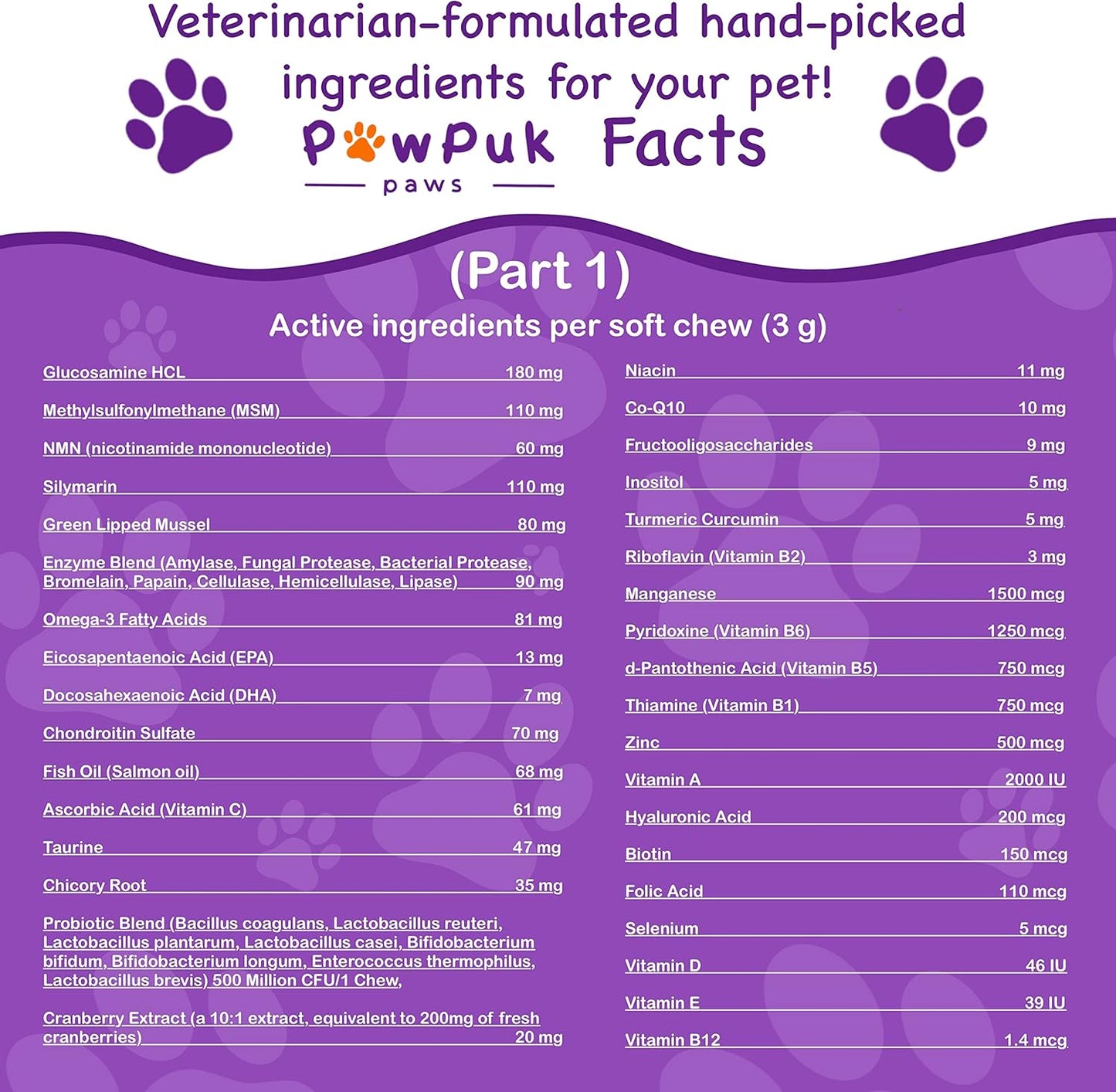 Pawpuk Paws Dog Supplements with Silymarin, Green Lipped Mussel, Glucosamine, MSM, Salmon Oil, Probiotics, Co-Q10, NMN - Immune & Gut Support, UTI Prevention, Radiant Skin & Coat